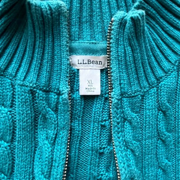 LL Bean Cable Knit Sweater Womens Large Teal 100% Cotton Cable Knit Full Zip - Picture 2 of 7